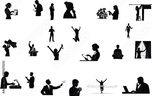 Collection of diverse human silhouettes in various poses and activities