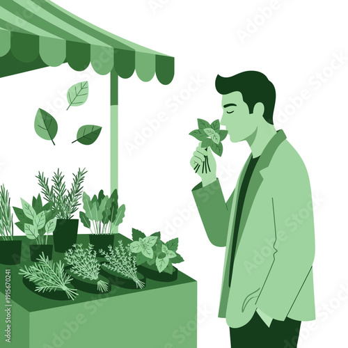 Aromatic Herb Market: A Man Appreciates Fresh Herbs' Fragrance and Finds Botanical Delights