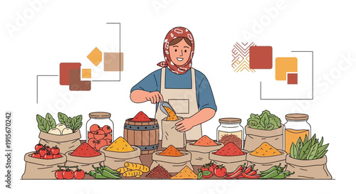 Aromatic Spice Merchant Offering Colorful Seasonings From Traditional Market Stall