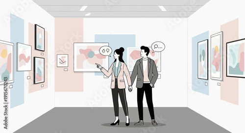 Art Gallery Visitors Discussing Abstract Paintings During An Exhibition Tour