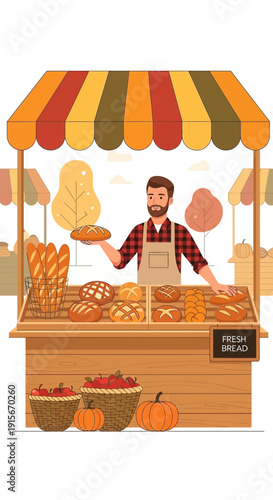 Artisan Baker Presents Freshly Baked Goods At Outdoor Market Stand