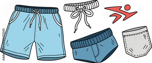 Men's swimwear and athletic shorts set, flat vector illustrations of blue swimming trunks, drawstring waistband, pocket and running icon isolated on white background.