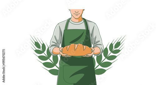 Artisan Baker Proudly Presents Freshly Baked Loaf With Wheat Stalks