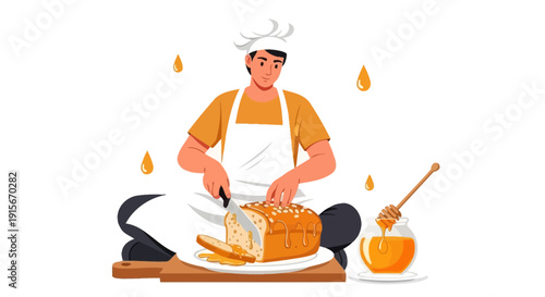 Artisan Baker Slicing Honey Drizzled Bread With Honey Pot