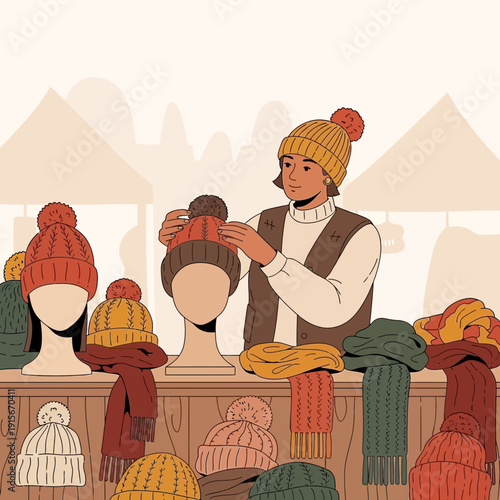 Artisan Demonstrating Handmade Winter Accessories At A Festive Outdoor Marketplace Presentation