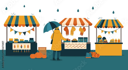 Autumn Market Stall Scene With Shopper Holding Umbrella Rain