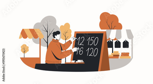 Autumn Market Stall With Pricing Board And Merchant Displaying Goods