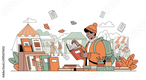 Autumn Reading Festival And Book Fair Scene Illustration
