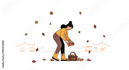 Autumn Scene With A Woman Gathering Falling Leaves Beside A Festive Market