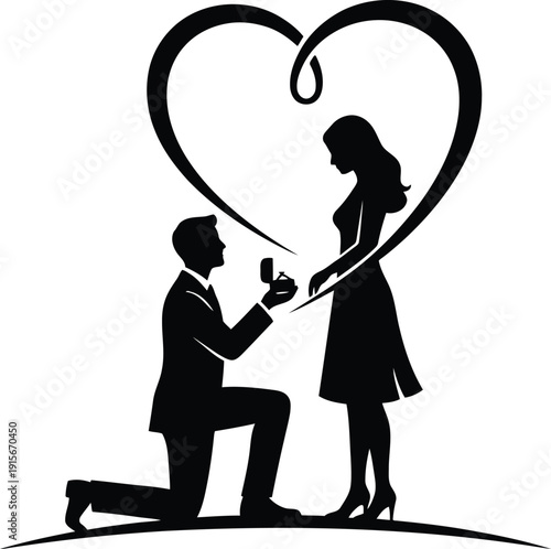 Romantic silhouette of a man proposing to a woman on one knee inside a heart shape, concept of love, engagement, and commitment.