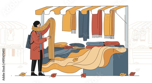 Autumn Shopping Experience A Person Buys Warm Scarves At An Outdoor Market