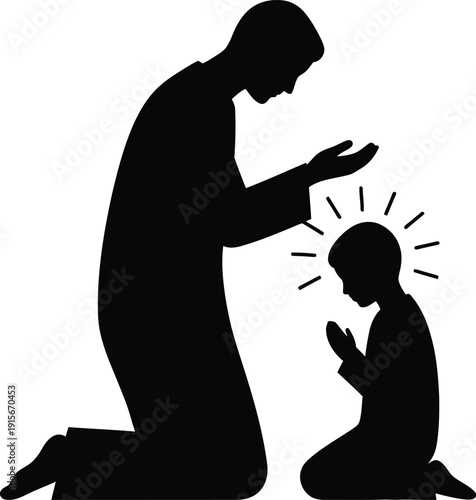 Silhouette of a man kneeling and blessing a child, concept of faith, prayer, guidance, and religious upbringing.
