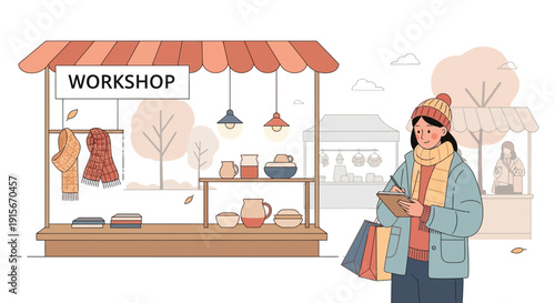 Artisan Market Stall Featuring Handmade Scarves and Pottery