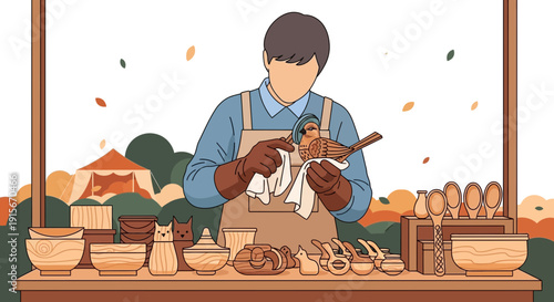 Artisan Polishing Hand Carved Wooden Bird Displaying Crafts at Market Stall