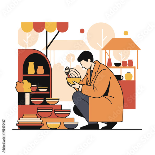 Artisan Pottery Market Stall Scene Crafted Ceramics Displayed For Sale