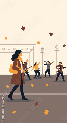 Autumn Street Scene With Performers And Pedestrian