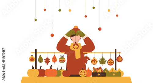 Autumn Vendor Showcasing Seasonal Ornaments And Pumpkins At A Festive Marketplace