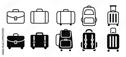 Baggage Icon Set for Travel and Business Trips – Solid and Line Style Suitcase Collection with Editable Strokes, Minimal Simple Vector Icons for Tourism, Airport, Vacation, and Corporate Journey Desig