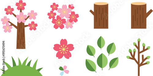 Spring cherry blossom tree and botanical elements set, flat vector illustrations with blooming sakura flowers, wooden logs, green leaves and grass isolated on white background.
