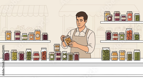 Artisan Preserves Storekeeper Inspects Jarred Delicacies And Harvested Goods
