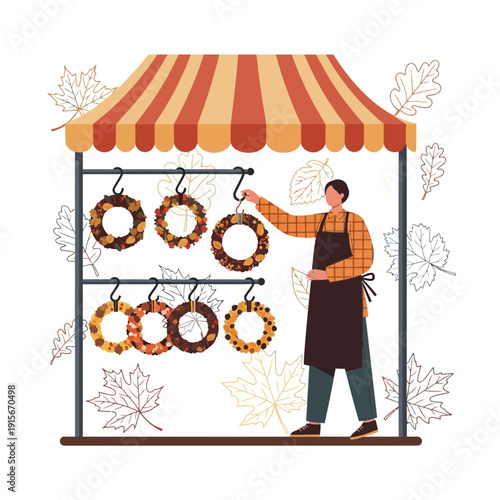 Autumn Wreath Vendor Selling Handcrafted Fall Decor at Outdoor Market Stall
