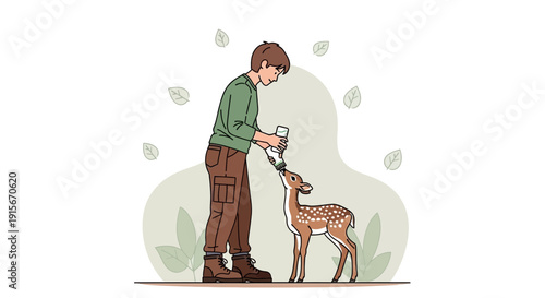 Caring Young Man Feeds Gentle Baby Deer With Bottle Nature Care Scene