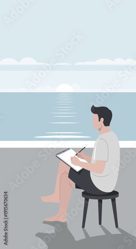 Artist Creates Serene Seascape Sketch Outdoors By The Water