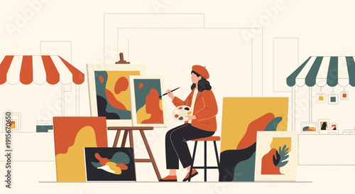 Artist Creating Abstract Art Outdoors At Vibrant Marketplace Stall