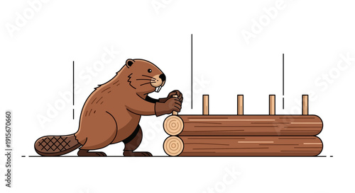 Cartoon Beaver Building Dam With Logs And Sticks In Forest Nature