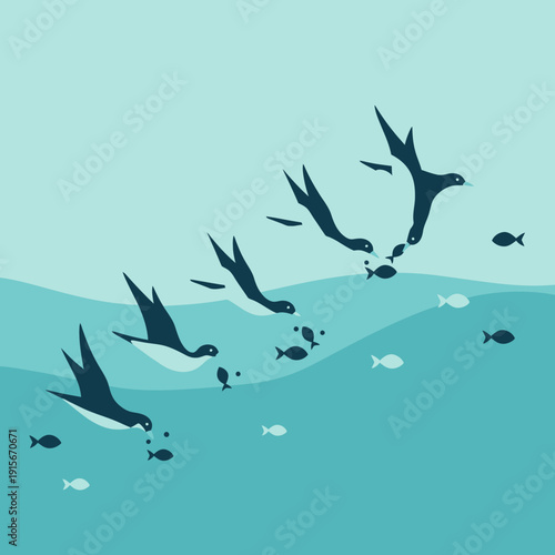 Avian Hunters Dive for Tiny Fish Schooling Underwater