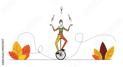 Artist Juggles Skittles On Unicycle Surrounded By Autumn Leaves