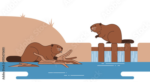 Cartoon Beavers Constructing a Dam and Interacting by a Tranquil Stream Setting