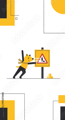 Cartoon Dog Pushing Road Construction Warning Sign With Determination