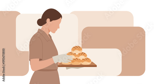 Baker Holding Freshly Baked Bread Rolls On A Wooden Tray Minimalist Style