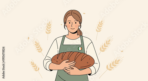 Baker Woman Holding Freshly Baked Bread Surrounded by Wheat Stalks