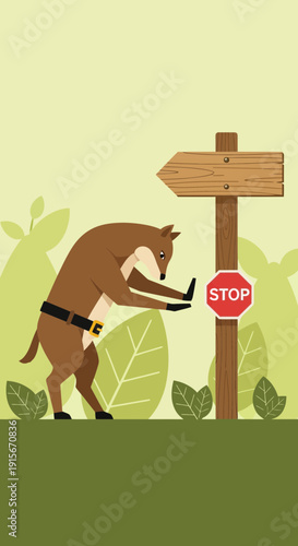 Cartoon Wolf Stands Firmly Against A Stop Sign On A Wooden Post In A Forest Clearing