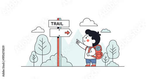 Cartoon Young Hiker Choosing Trail Direction On A Wonderful Day Of Adventure