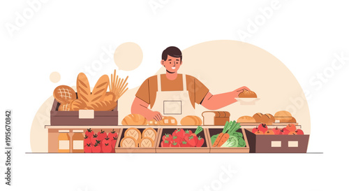 Bakery Illustration Depicting Artisan Baker With Freshly Baked Goods And Produce