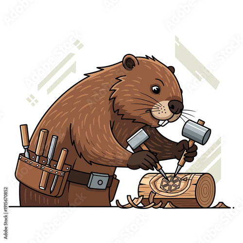 Artistic Beaver Crafts Intricate Wood Sculpture with Tools