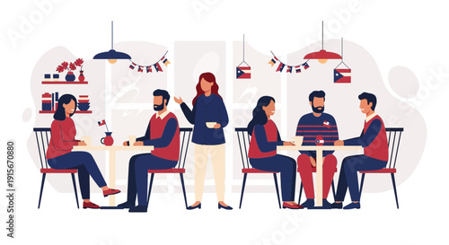 Casual Cafe Gathering People Enjoying Coffee and Conversation In A Modern Establishment