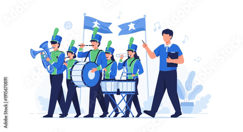 Band Marching With Flags And Director Performing In An Illustrated Flat Design