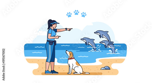 Beach Trainer Directs Dolphins With Dog As Audience And Companion On A Sunny Day