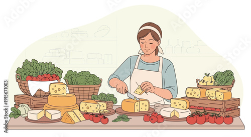 Artistic Depiction Of A Woman Preparing Cheese For A Market Stall Display