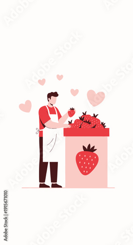 Artistic Depiction Of A Man Harvesting Fresh Strawberries Amidst Hearts And Gentle Hues