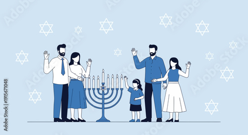 Celebrating Hanukkah: A Family's Joyful Observance with Menorah and Star Symbols