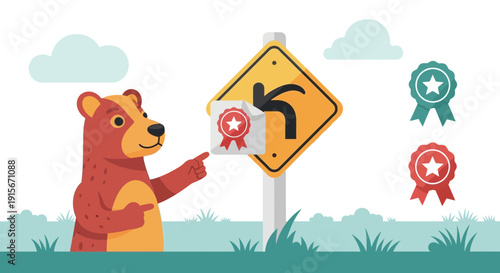 Bear Points To Winning Achievement On Curve Ahead Road Sign