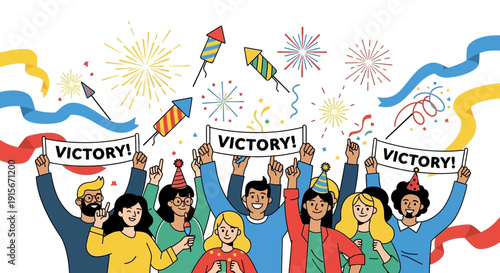 Celebration And Triumph A Group Rejoices With Fireworks And Banners