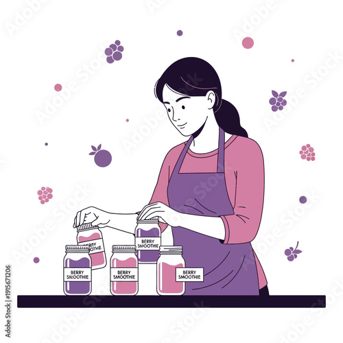 Artistic Illustration Of A Woman Preserving Berry Smoothies In Jars For Healthy Living