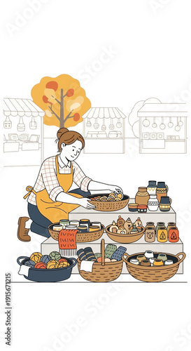 Artistic Illustration Of A Vendor Arranging Food At An Outdoor Market Stall