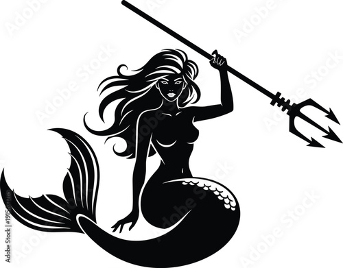 Elegant black and white illustration of a mermaid wielding a trident isolated on transparent background, Vector